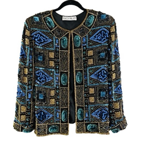 Scala Jackets & Blazers - 👠 💎 SCALA Vintage 80s Beaded & Sequined Jacket | Gold Green Blue Collector Sz M